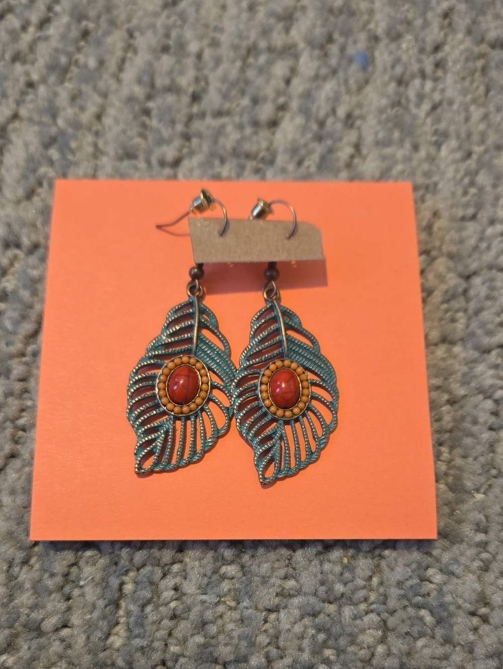 Vintage Boho Turquoise Leaf Drop Earrings with Coral Accent